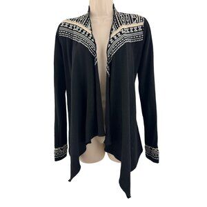 Size Small LUCKY BLISS Black Asymmetrical Aztec Tribal Embroidered Open Cardigan
